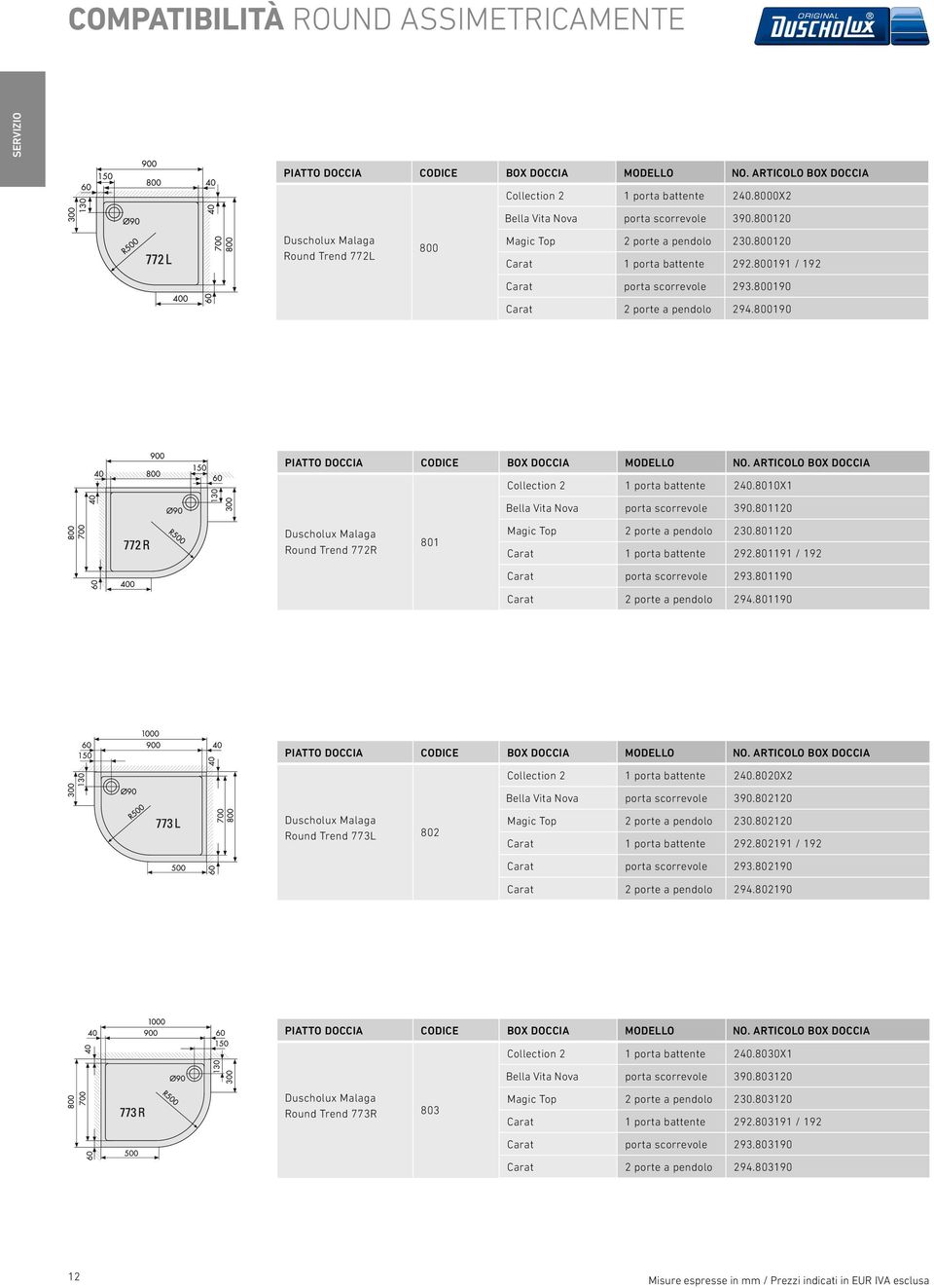 800190 piatto doccia COdICE BOX doccia MOdELLO NO. ARtICOLO BOX doccia Collection 2 1 porta battente 240.8010X1 Bella Vita Nova porta scorrevole 390.