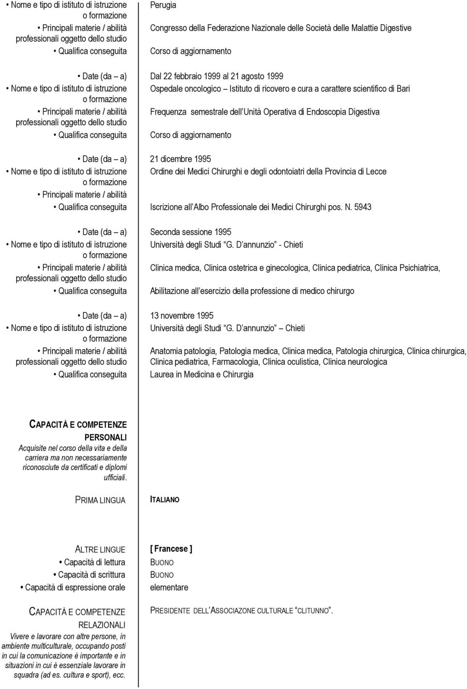 Digestiva Date (da a) 21 dicembre 1995 Nome e tipo di istituto di istruzione Ordine dei Medici Chirurghi e degli odontoiatri della Provincia di Lecce Qualifica conseguita Iscrizione all Albo