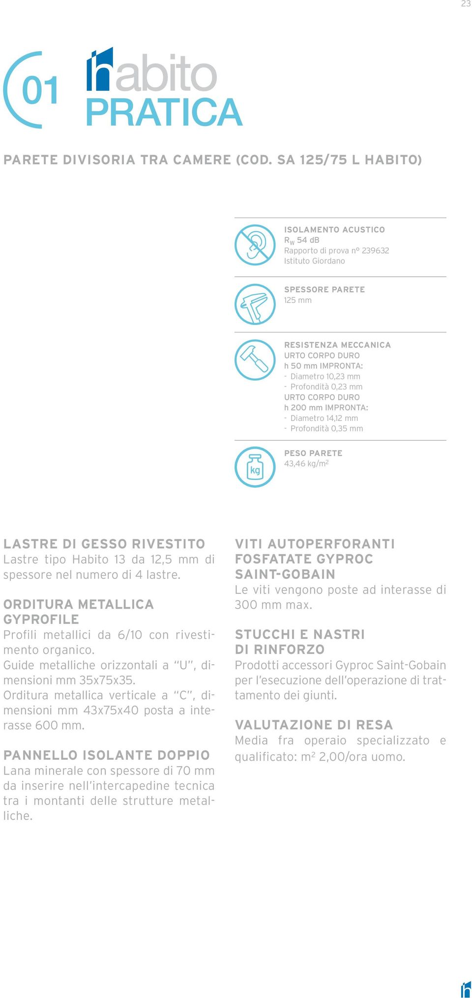 parete 43,46 kg/m 2 Lastre di gesso rivestito Lastre tipo Habito 13 da mm di spessore nel numero di 4 lastre ORDITURA metallica GYPROFILE Profili metallici da 6/10 con rivestimento organico Guide