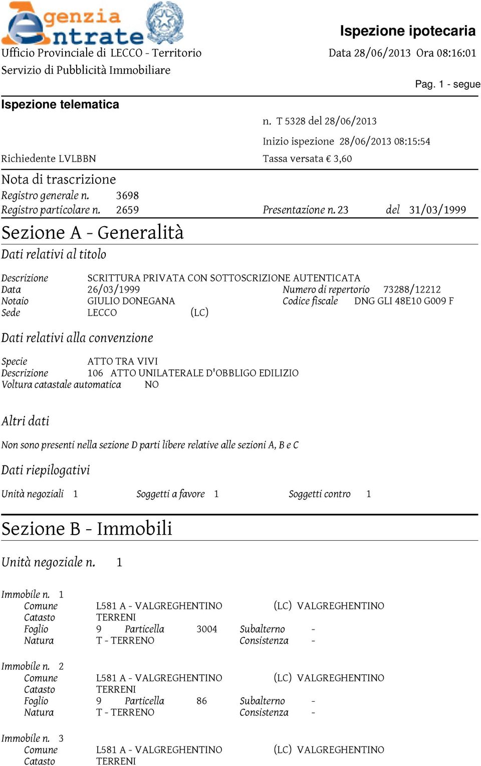 23 del 31/03/1999 Sezione A - Generalità Dati relativi al titolo Descrizione SCRITTURA PRIVATA CON SOTTOSCRIZIONE AUTENTICATA Data 26/03/1999 Numero di repertorio 73288/12212 Notaio GIULIO DONEGANA