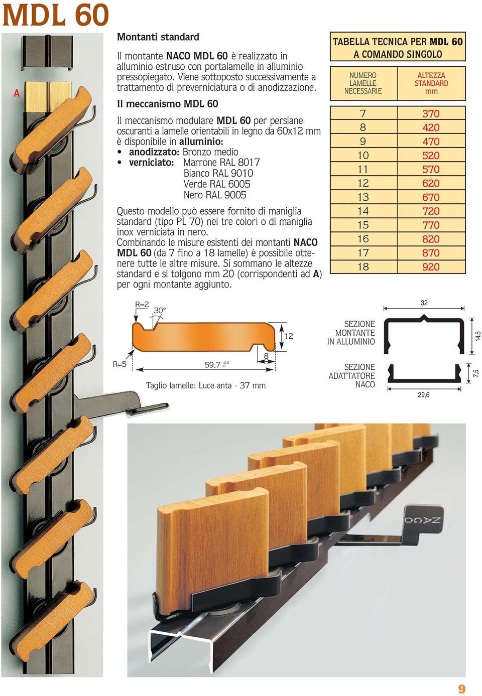 Il meccanismo MDL 60 Il meccanismo modulare MDL 60 per persiane oscuranti a lamelle orientabili in legno da 60x12 mm è disponibile in alluminio: anodizzato: Bronzo medio verniciato: Marrone RAL 017