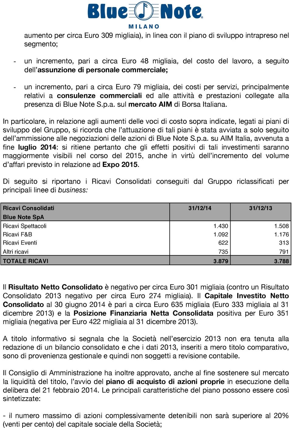 di Blue Note S.p.a. sul mercato AIM di Borsa Italiana.