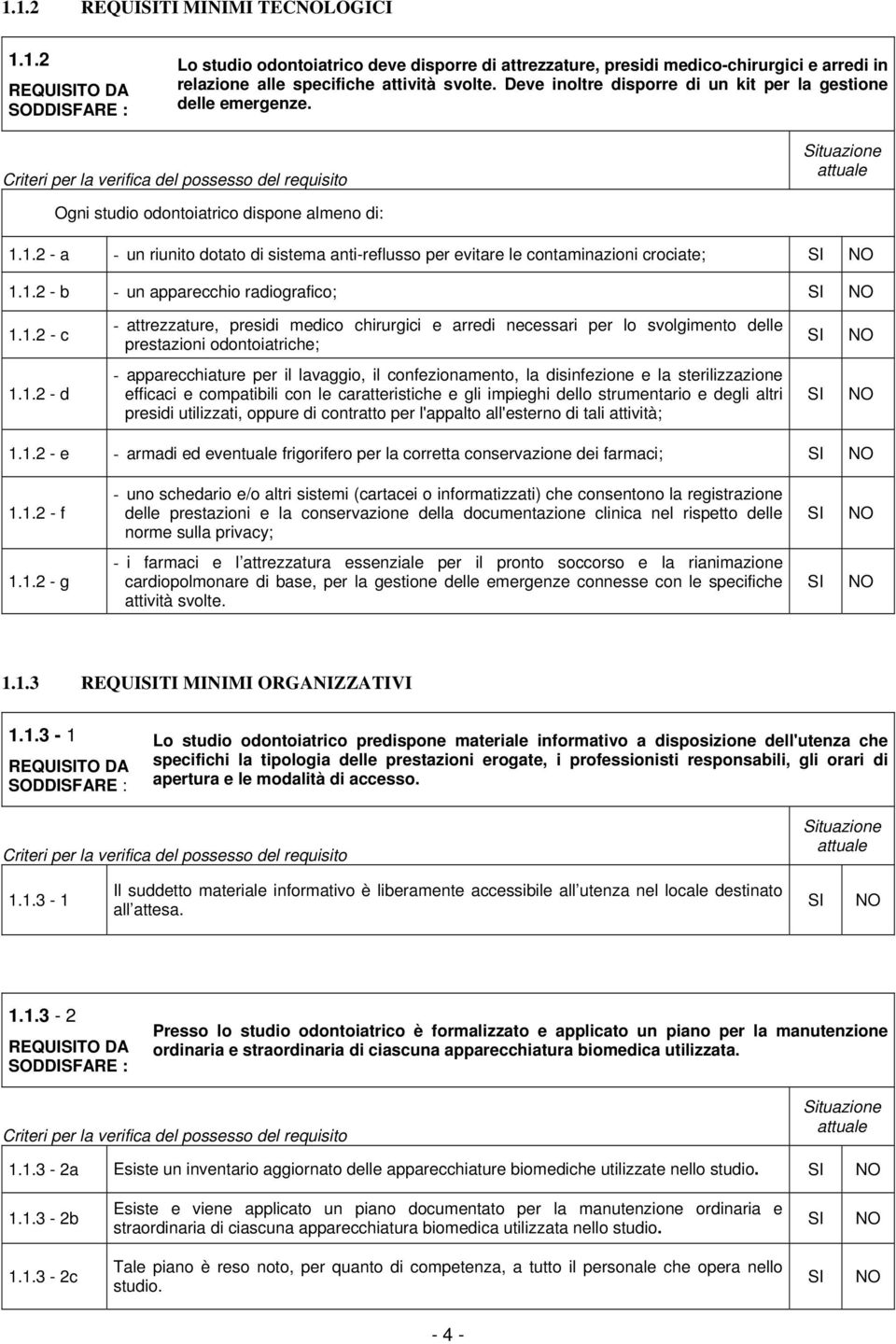 1.2 - a - un riunito dotato di sistema anti-reflusso per evitare le contaminazioni crociate; 1.1.2 - b - un apparecchio radiografico; 1.1.2 - c - attrezzature, presidi medico chirurgici e arredi necessari per lo svolgimento delle prestazioni odontoiatriche; 1.