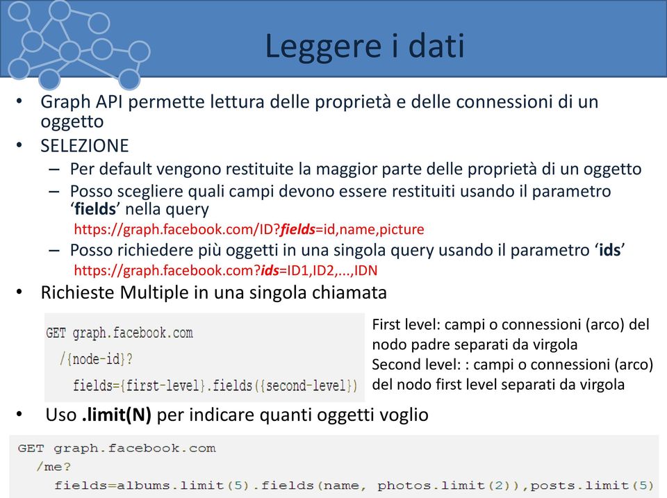 fields=id,name,picture Posso richiedere più oggetti in una singola query usando il parametro ids https://graph.facebook.com?ids=id1,id2,.