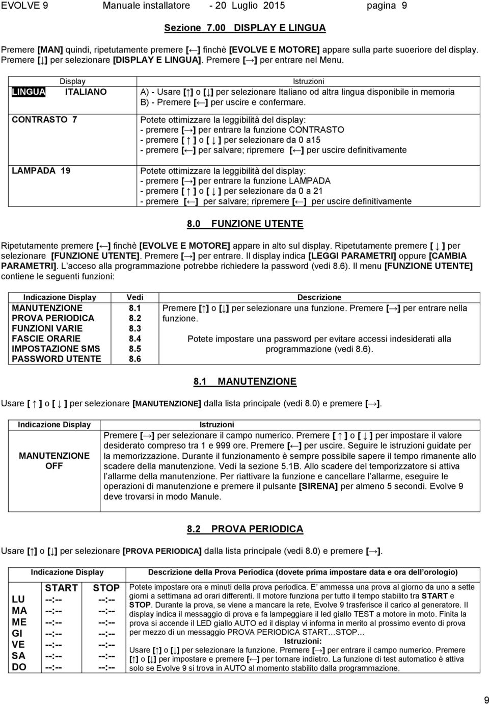 Display Istruzioni LINGUA ITALIANO A) - Usare [ ] o [ ] per selezionare Italiano od altra lingua disponibile in memoria B) - Premere [ ] per uscire e confermare.