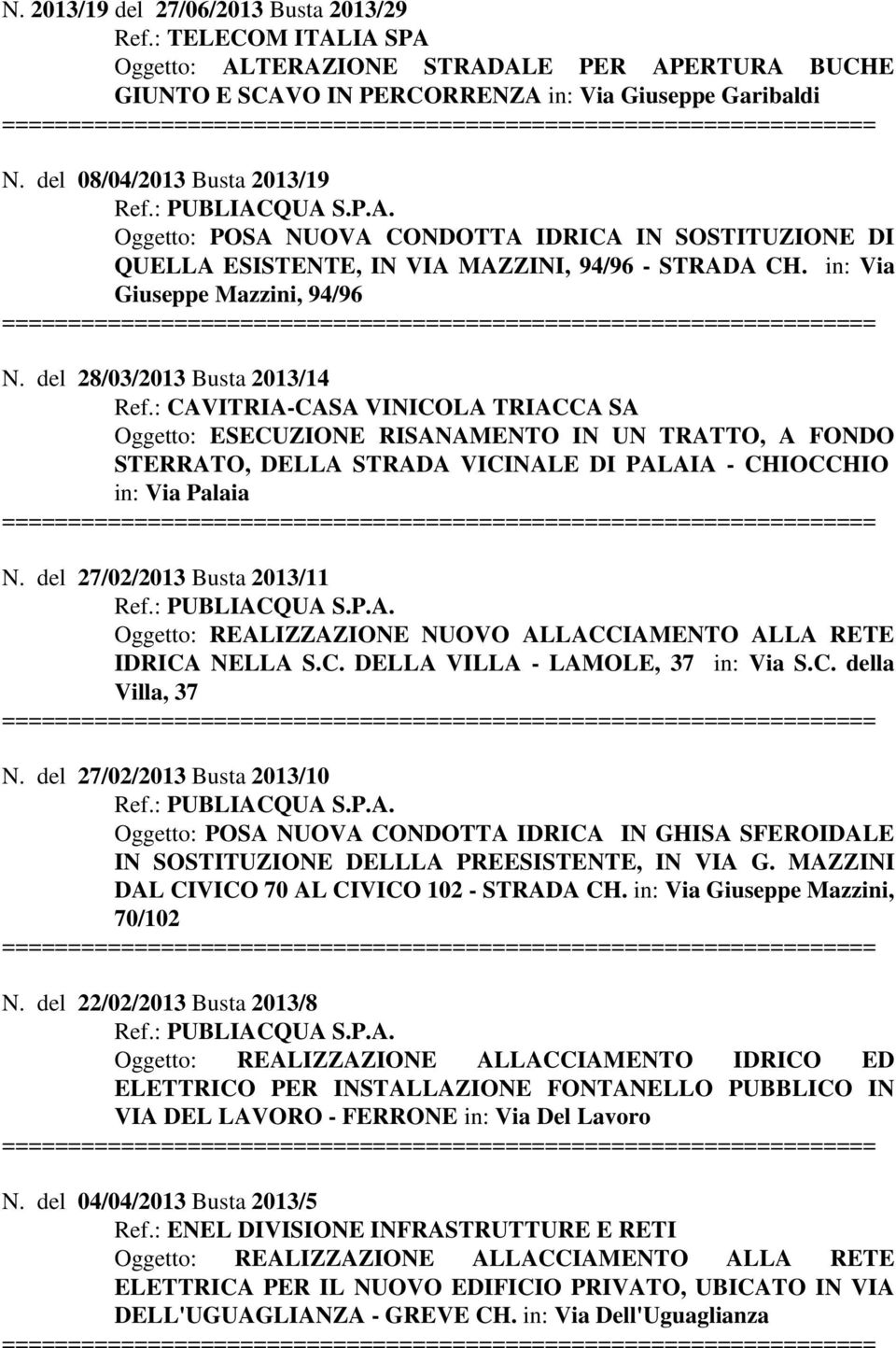 del 28/03/2013 Busta 2013/14 Ref.: CAVITRIA-CASA VINICOLA TRIACCA SA Oggetto: ESECUZIONE RISANAMENTO IN UN TRATTO, A FONDO STERRATO, DELLA STRADA VICINALE DI PALAIA - CHIOCCHIO in: Via Palaia N.