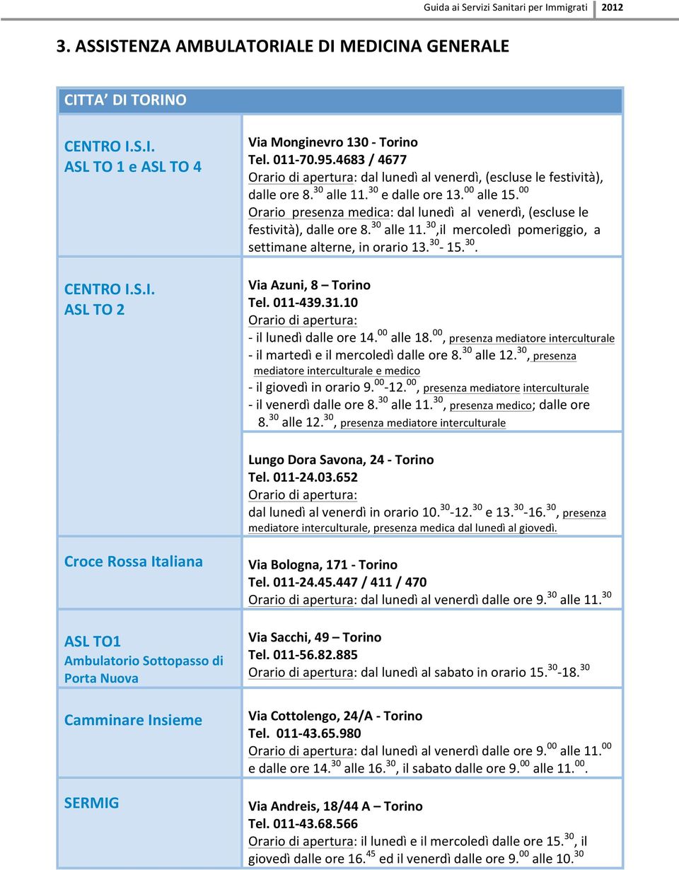 00 Orariopresenzamedica:dallunedìalvenerdì,(esclusele festività),dalleore8. 30 alle11. 30,ilmercoledìpomeriggio,a settimanealterne,inorario13. 30 15. 30. ViaAzuni,8 Torino Tel.011 439.31.