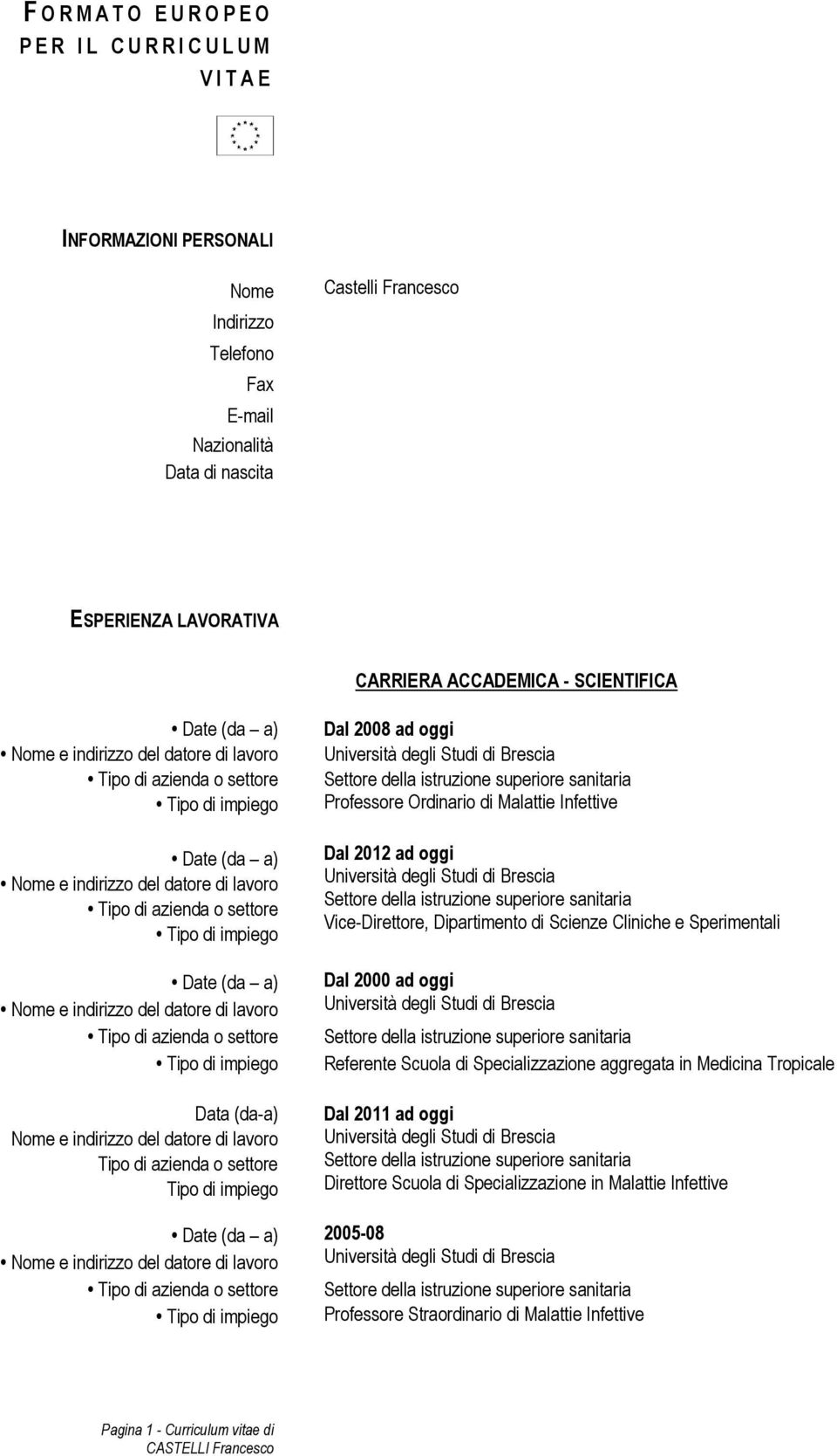 Ordinario di Malattie Infettive Dal 2012 ad oggi Vice-Direttore, Dipartimento di Scienze Cliniche e Sperimentali Dal 2000 ad oggi Referente Scuola di Specializzazione aggregata