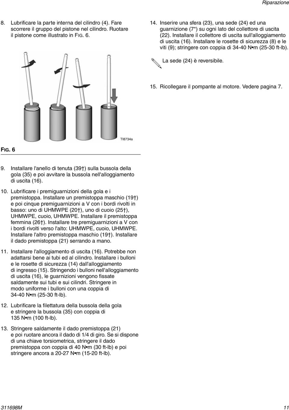 Installare le rosette di sicurezza (8) e le viti (9); stringere con coppia di 4-40 N m (5-0 ft-lb). La sede (4) è reversibile. 5. Ricollegare il pompante al motore. Vedere pagina. TI84a FIG. 9.