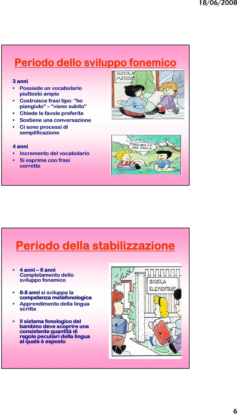 stabilizzazione 4 anni 6 anni Completamento dello sviluppo fonemico 6-8 anni si sviluppa la competenza metafonologica Apprendimento della lingua