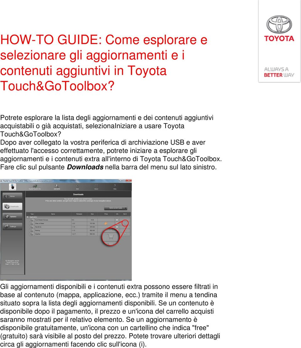 Dopo aver collegato la vostra periferica di archiviazione USB e aver effettuato l'accesso correttamente, potrete iniziare a esplorare gli aggiornamenti e i contenuti extra all'interno di Toyota