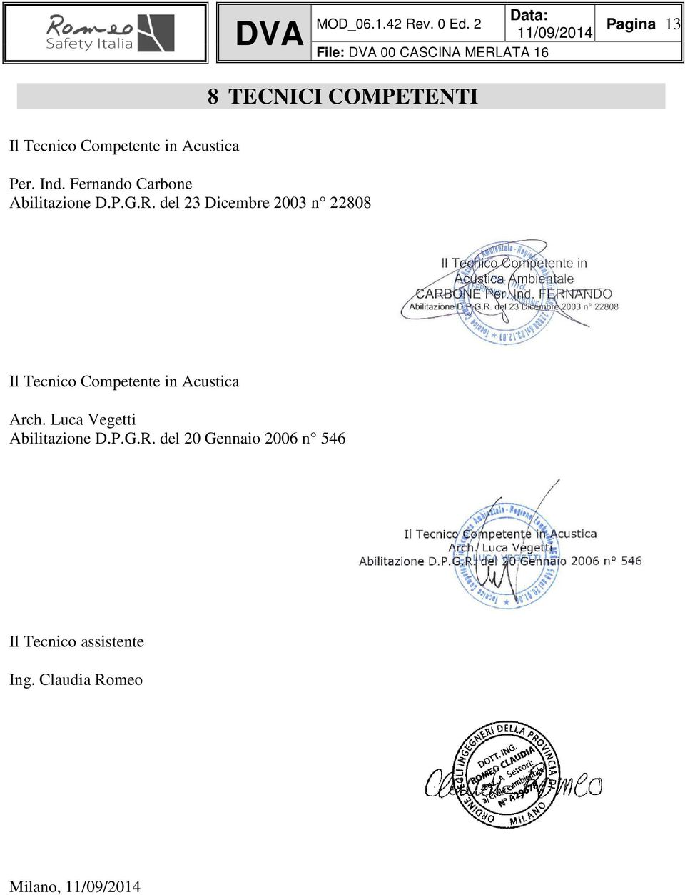 del 23 Dicembre 2003 n 22808 Il Tecnico Competente in Acustica Arch.