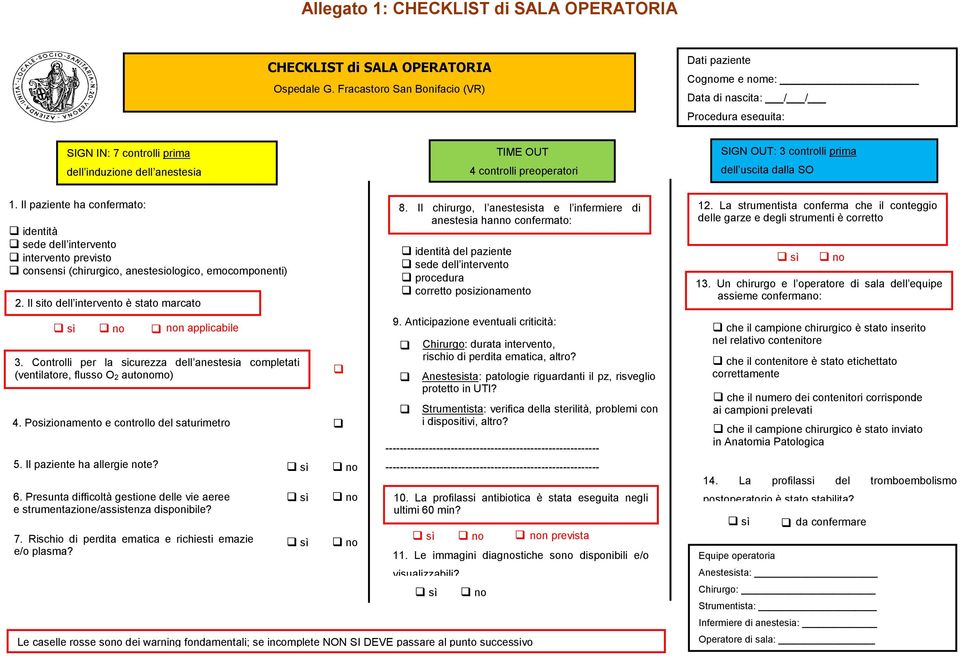 controlli prima dell uscita dalla SO 1. Il paziente ha confermato: identità sede dell intervento intervento previsto consensi (chirurgico, anestesiologico, emocomponenti) 2.