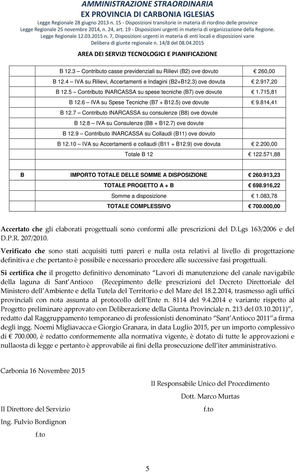 8 IVA su Consulenze (B8 + B12.7) ove dovute B 12.9 Contributo INARCASSA su Collaudi (B11) ove dovuto B 12.10 IVA su Accertamenti e collaudi (B11 + B12.9) ove dovuta 2.200,00 Totale B 12 122.