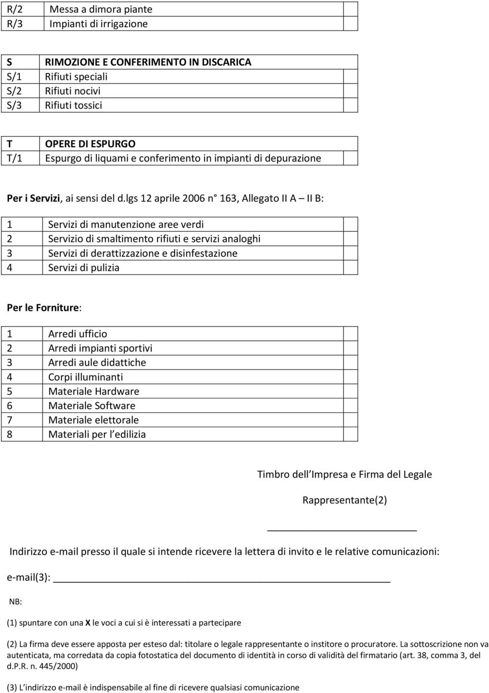 lgs 12 aprile 2006 n 163, Allegato II A II B: 1 Servizi di manutenzione aree verdi 2 Servizio di smaltimento rifiuti e servizi analoghi 3 Servizi di derattizzazione e disinfestazione 4 Servizi di