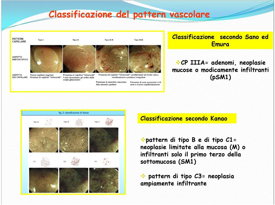 Kanao pattern di tipo B e di tipo C1= neoplasie limitate alla mucosa (M) o infiltranti