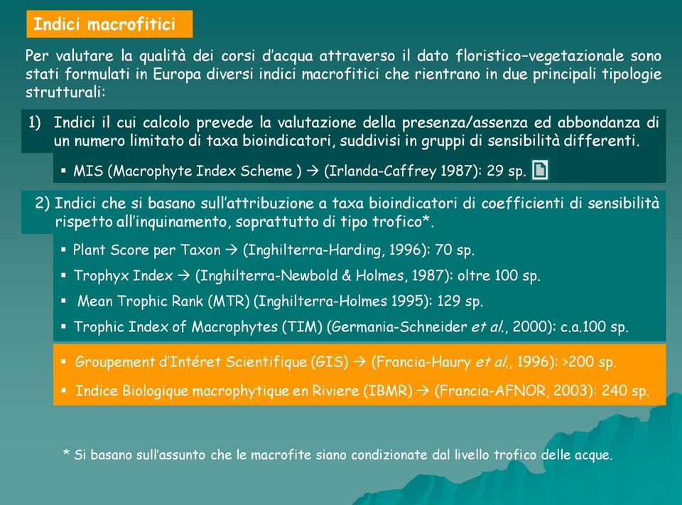 MIS (Macrophyte Index Scheme ) (Irlanda-Caffrey 1987): 29 sp.