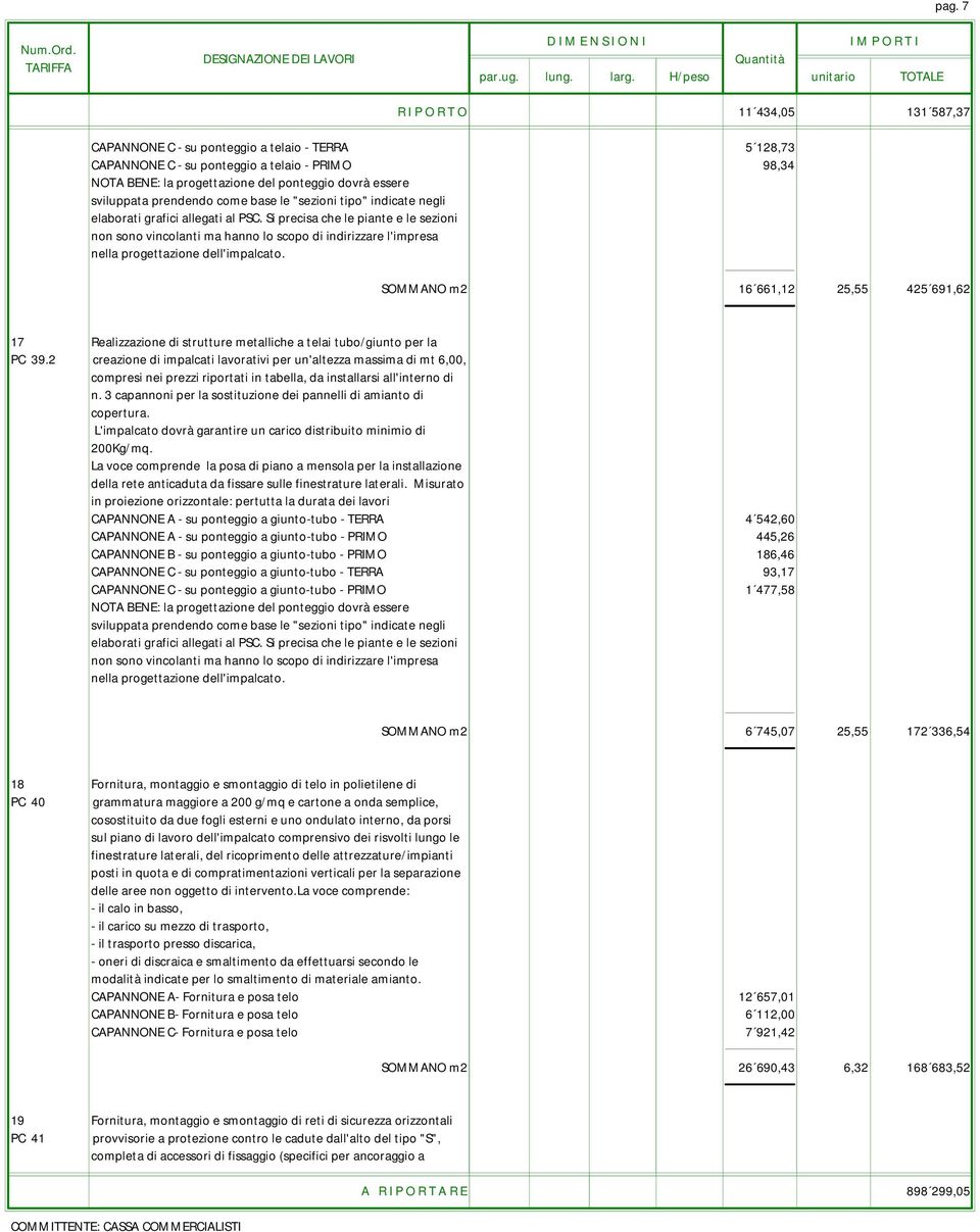 Si precisa che le piante e le sezioni non sono vincolanti ma hanno lo scopo di indirizzare l'impresa nella progettazione dell'impalcato.