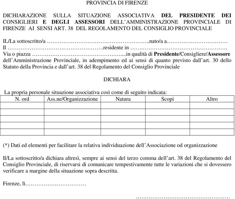 ..in qualità di Presidente/Consigliere/Assessore dell Amministrazione Provinciale, in adempimento ed ai sensi di quanto previsto dall art. 30 dello Statuto della Provincia e dall art.