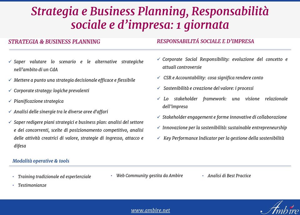 d'affari Saper redigere piani strategici e business plan: analisi del settore e dei concorrenti, scelte di posizionamento competitivo, analisi delle attività creatrici di valore, strategie di