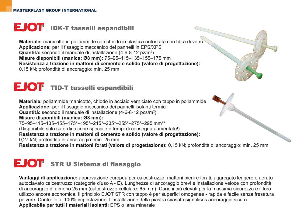 Resistenza a trazione in mattoni di cemento e solido (valore di progettazione): 0,15 kn; profondità di ancoraggio: min.