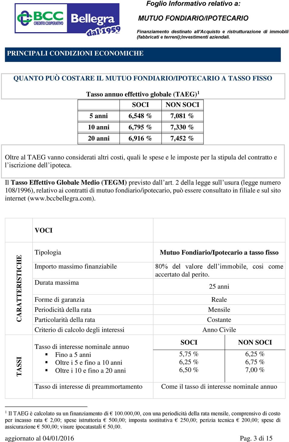 2 della legge sull usura (legge numero 108/1996), relativo ai contratti di mutuo fondiario/ipotecario, può essere consultato in filiale e sul sito internet (www.bccbellegra.com).