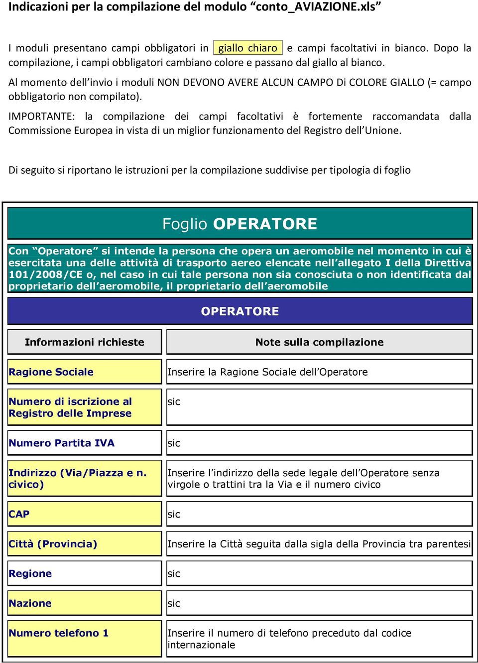 Al momento dell invio i moduli NON DEVONO AVERE ALCUN CAMPO Di COLORE GIALLO (= campo obbligatorio non compilato).