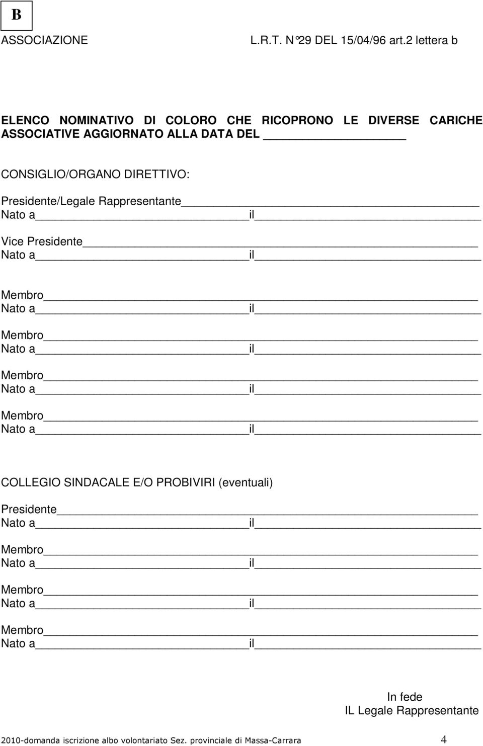 ALLA DATA DEL CONSIGLIO/ORGANO DIRETTIVO: Presidente/Legale Rappresentante Vice Presidente COLLEGIO