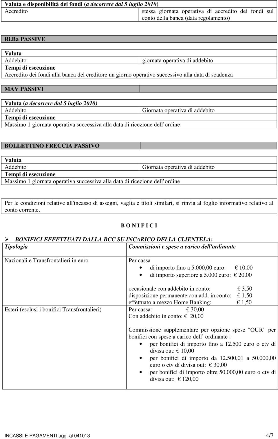 Giornata operativa di addebito Massimo 1 giornata operativa successiva alla data di ricezione dell ordine BOLLETTINO FRECCIA PASSIVO Valuta Giornata operativa di addebito Massimo 1 giornata operativa