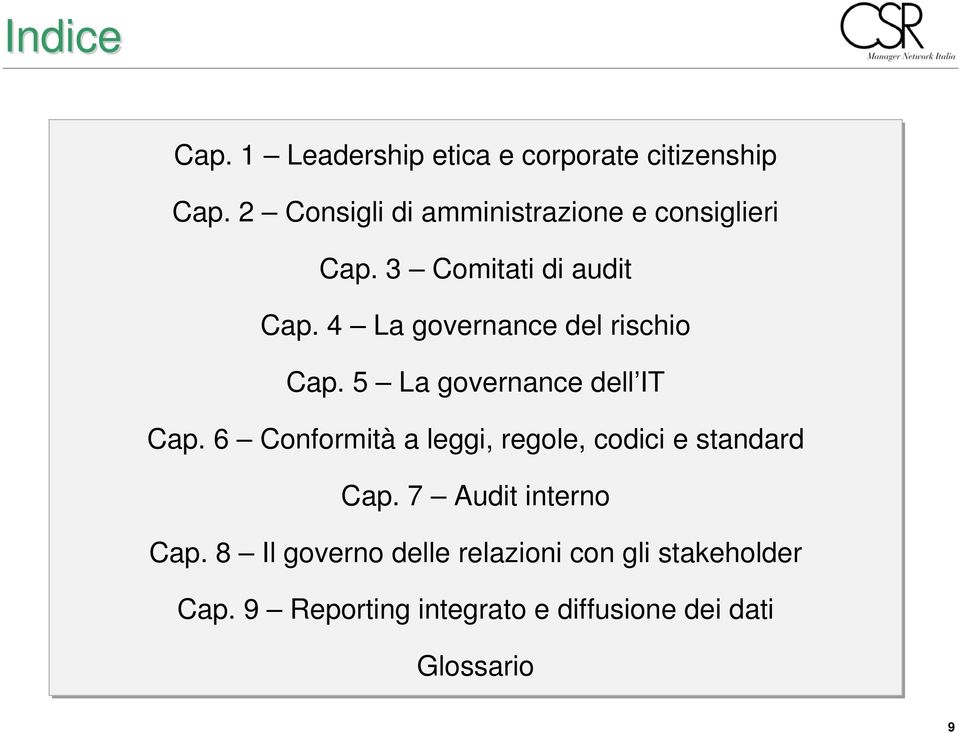 4 La governance del rischio Cap. 5 La governance dell IT Cap.
