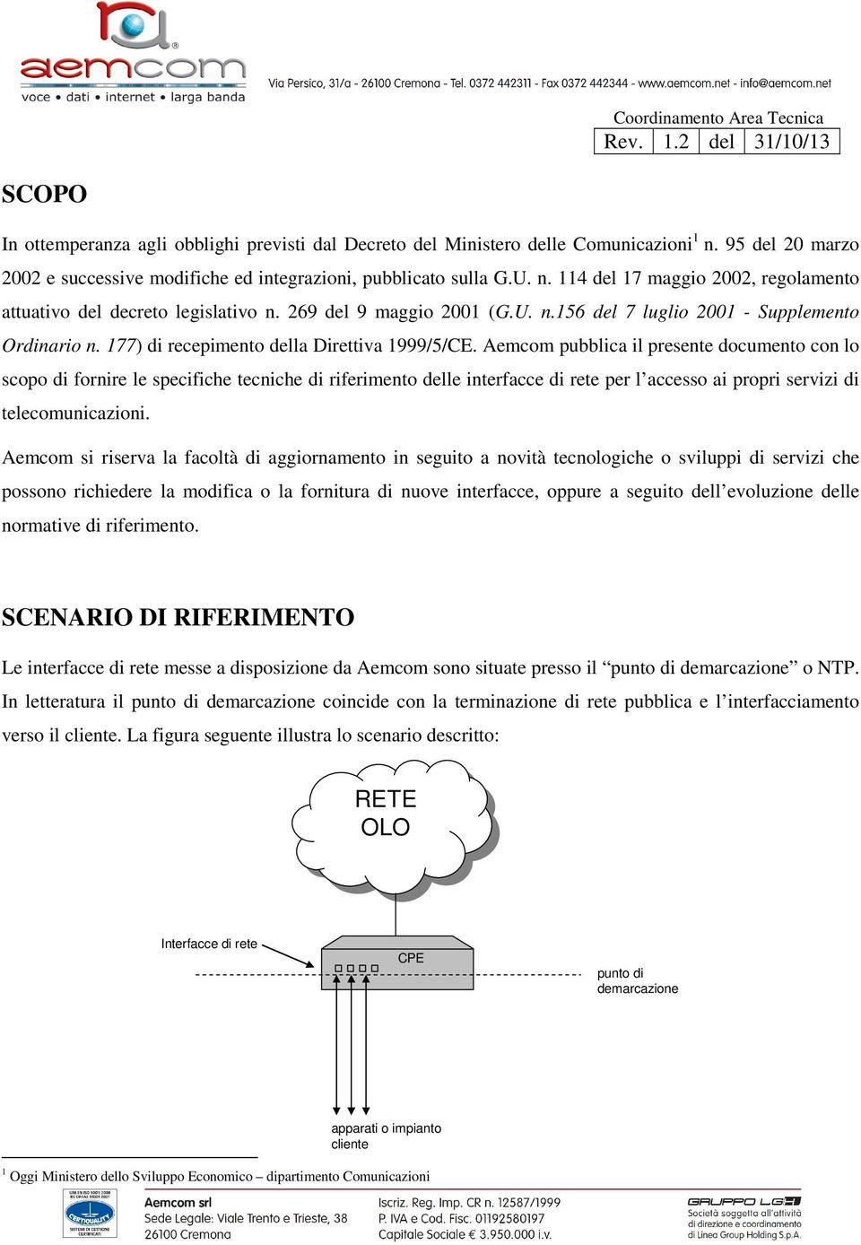 Aemcom pubblica il presente documento con lo scopo di fornire le specifiche tecniche di riferimento delle interfacce di rete per l accesso ai propri servizi di telecomunicazioni.
