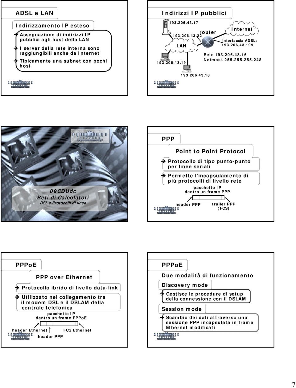 206.43.18 PPP Point to Point Protocol 09CDUdc Reti di Calcolatori DSL e Protocolli di linea! Protocollo di tipo punto-punto per linee seriali!