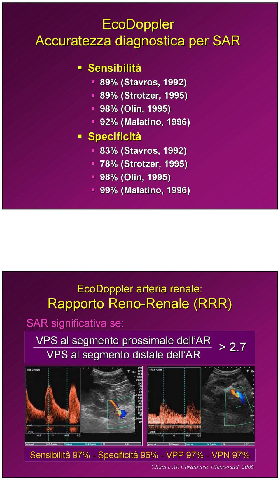 99% (Malatino( Malatino,, 1996) EcoDoppler arteria renale: Rapporto Reno-Renale (RRR) SAR significativa se: VPS al segmento prossimale
