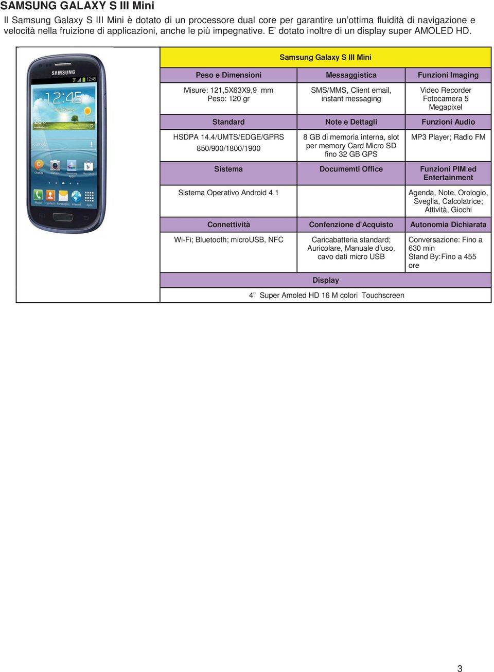 Samsung Galaxy S III Mini Misure: 121,5X63X9,9 mm Peso: 120 gr SMS/MMS, Client email, instant messaging Video Recorder Fotocamera 5 Megapixel HSDPA 14.
