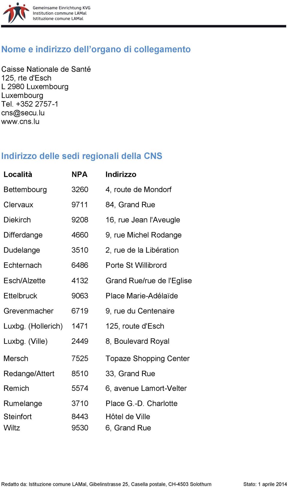 lu Indirizzo delle sedi regionali della CNS Località NPA Indirizzo Bettembourg 3260 4, route de Mondorf Clervaux 9711 84, Grand Rue Diekirch 9208 16, rue Jean l'aveugle Differdange 4660 9, rue Michel