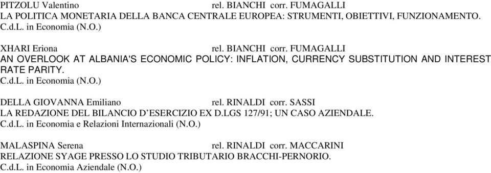 FUMAGALLI AN OVERLOOK AT ALBANIA'S ECONOMIC POLICY: INFLATION, CURRENCY SUBSTITUTION AND INTEREST RATE PARITY. DELLA GIOVANNA Emiliano rel.