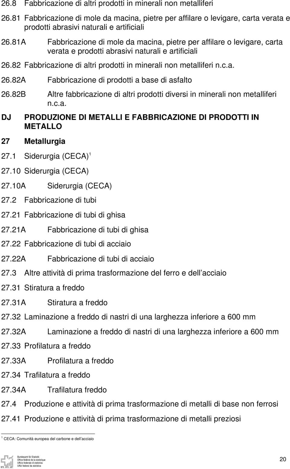 82B Altre fabbricazione di altri prodotti diversi in minerali non metalliferi n.c.a. DJ PRODUZIONE DI METALLI E FABBRICAZIONE DI PRODOTTI IN METALLO 27 Metallurgia 27.1 Siderurgia (CECA) 1 27.