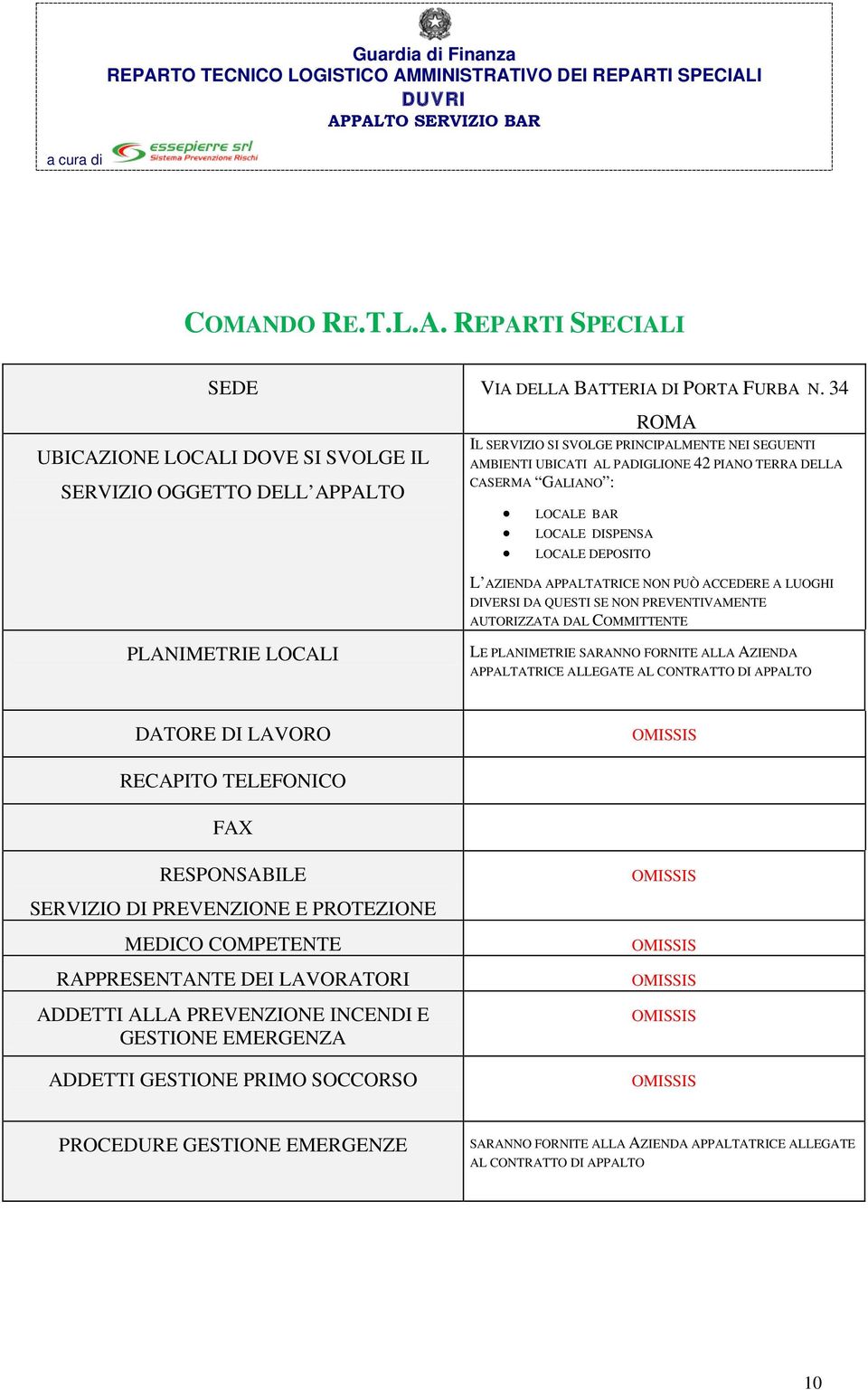 LOCALE BAR LOCALE DISPENSA LOCALE DEPOSITO L AZIENDA APPALTATRICE NON PUÒ ACCEDERE A LUOGHI DIVERSI DA QUESTI SE NON PREVENTIVAMENTE AUTORIZZATA DAL COMMITTENTE PLANIMETRIE LOCALI LE PLANIMETRIE