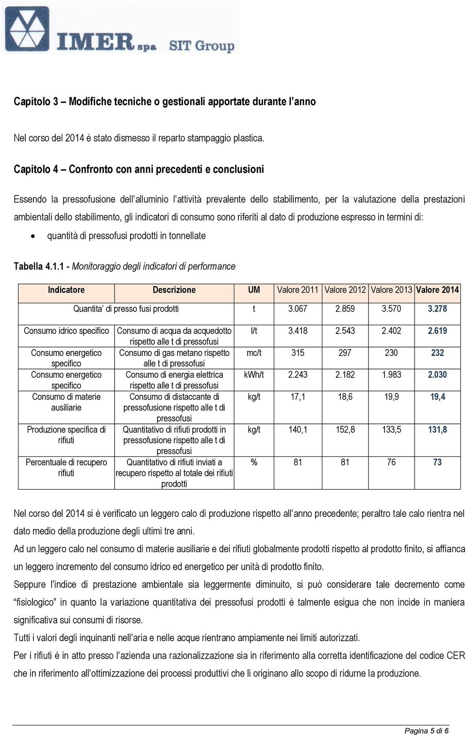 stabilimento, gli indicatori di consumo sono riferiti al dato di produzione espresso in termini di: quantità di pressofusi prodotti in tonnellate Tabella 4.1.