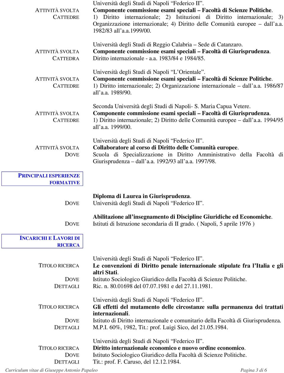 Università degli Studi di Reggio Calabria Sede di Catanzaro. Componente commissione esami speciali Facoltà di Giurisprudenza. CATTEDRA Diritto internazionale - a.a. 1983/84 e 1984/85.