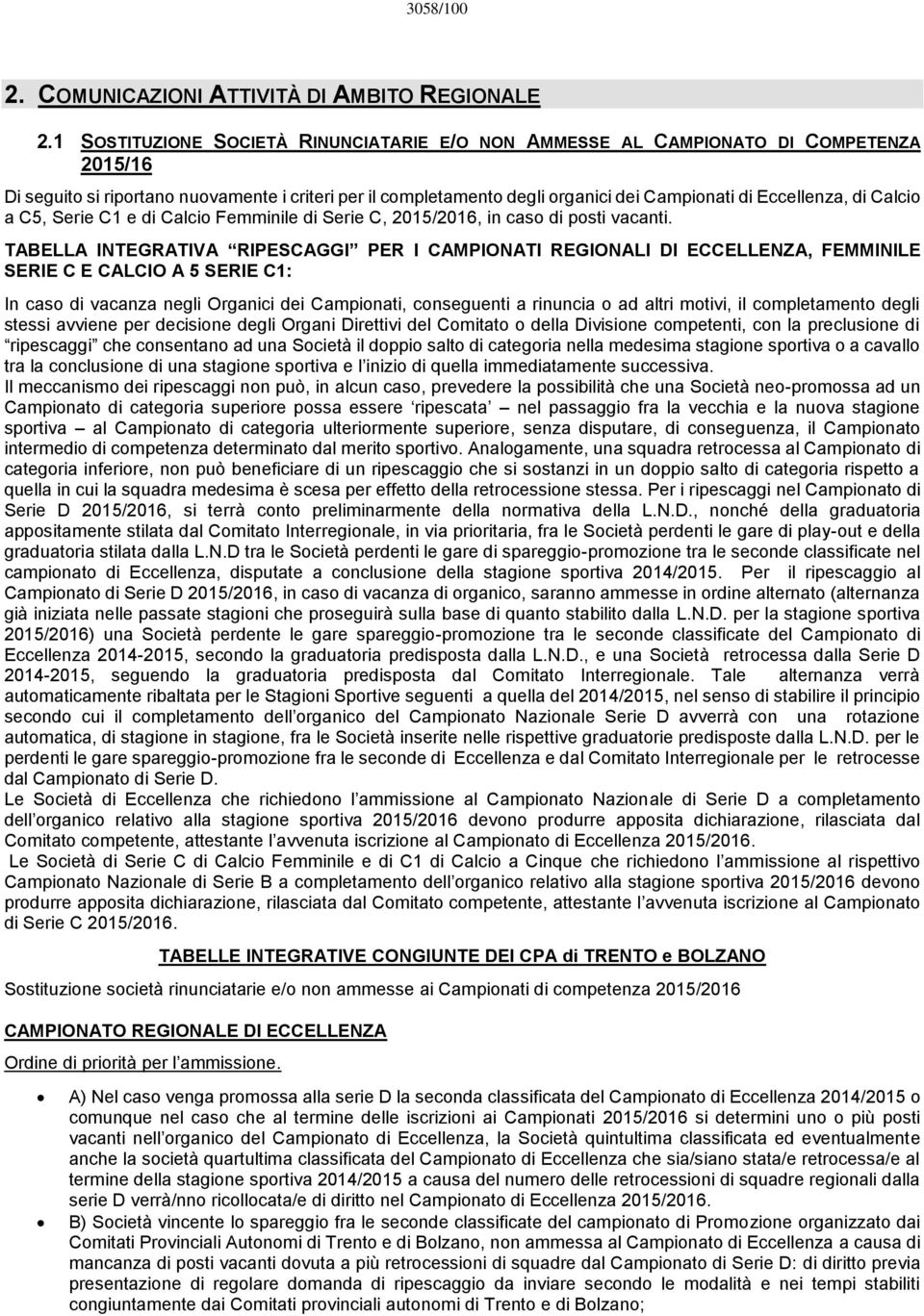di Calcio a C5, Serie C1 e di Calcio Femminile di Serie C, 2015/2016, in caso di posti vacanti.