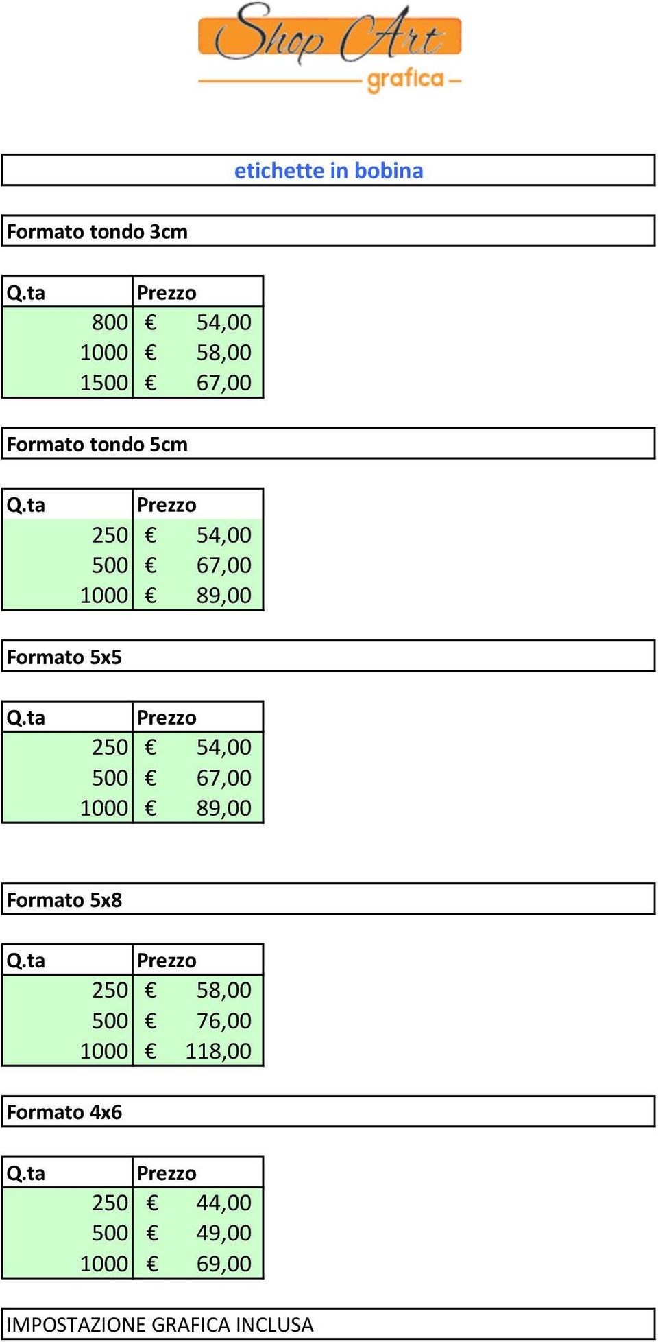 Formato 5x5 250 54,00 500 67,00 1000 89,00 Formato 5x8 250