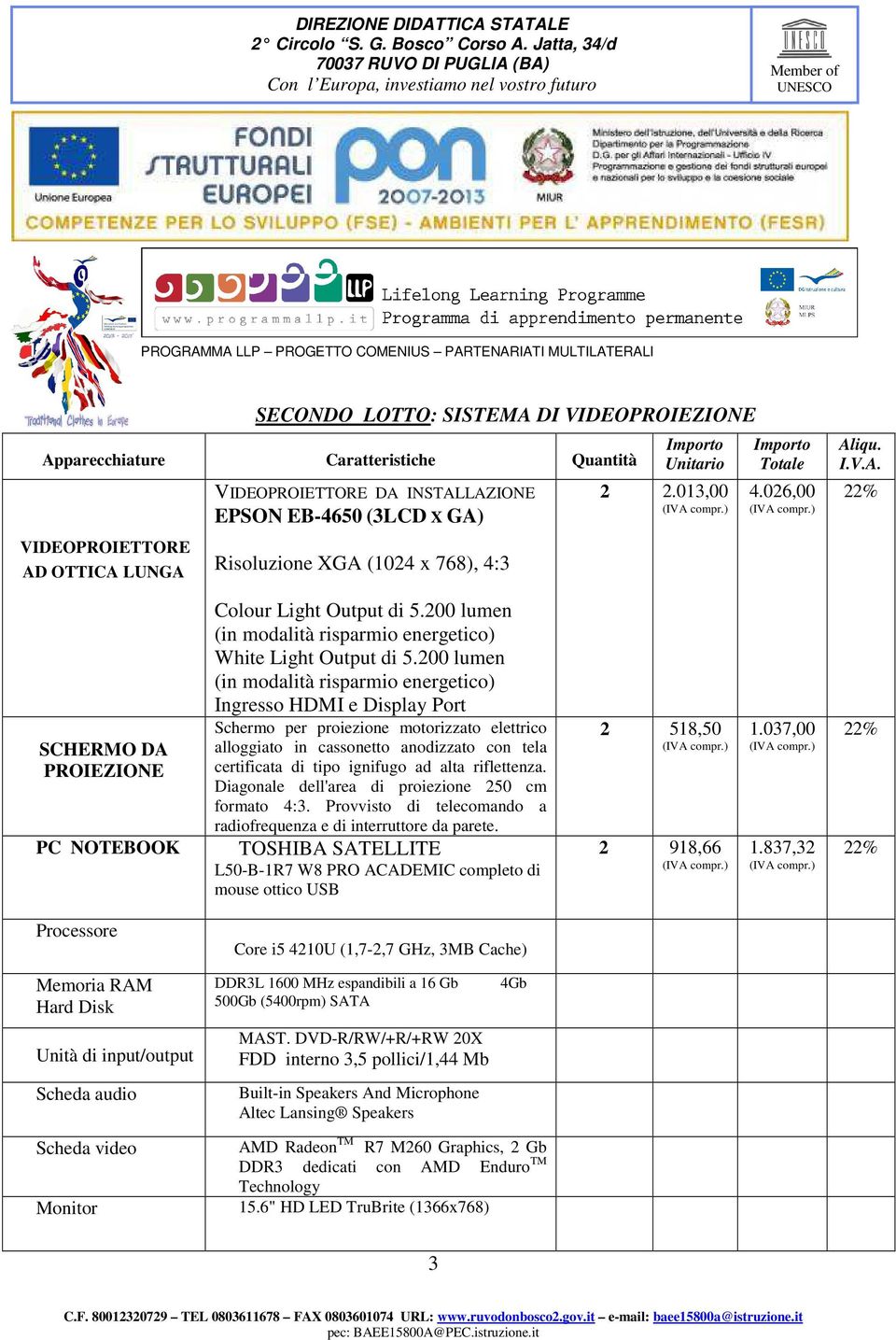 200 lumen (in modalità risparmio energetico) Ingresso HDMI e Display Port Schermo per proiezione motorizzato elettrico alloggiato in cassonetto anodizzato con tela certificata di tipo ignifugo ad