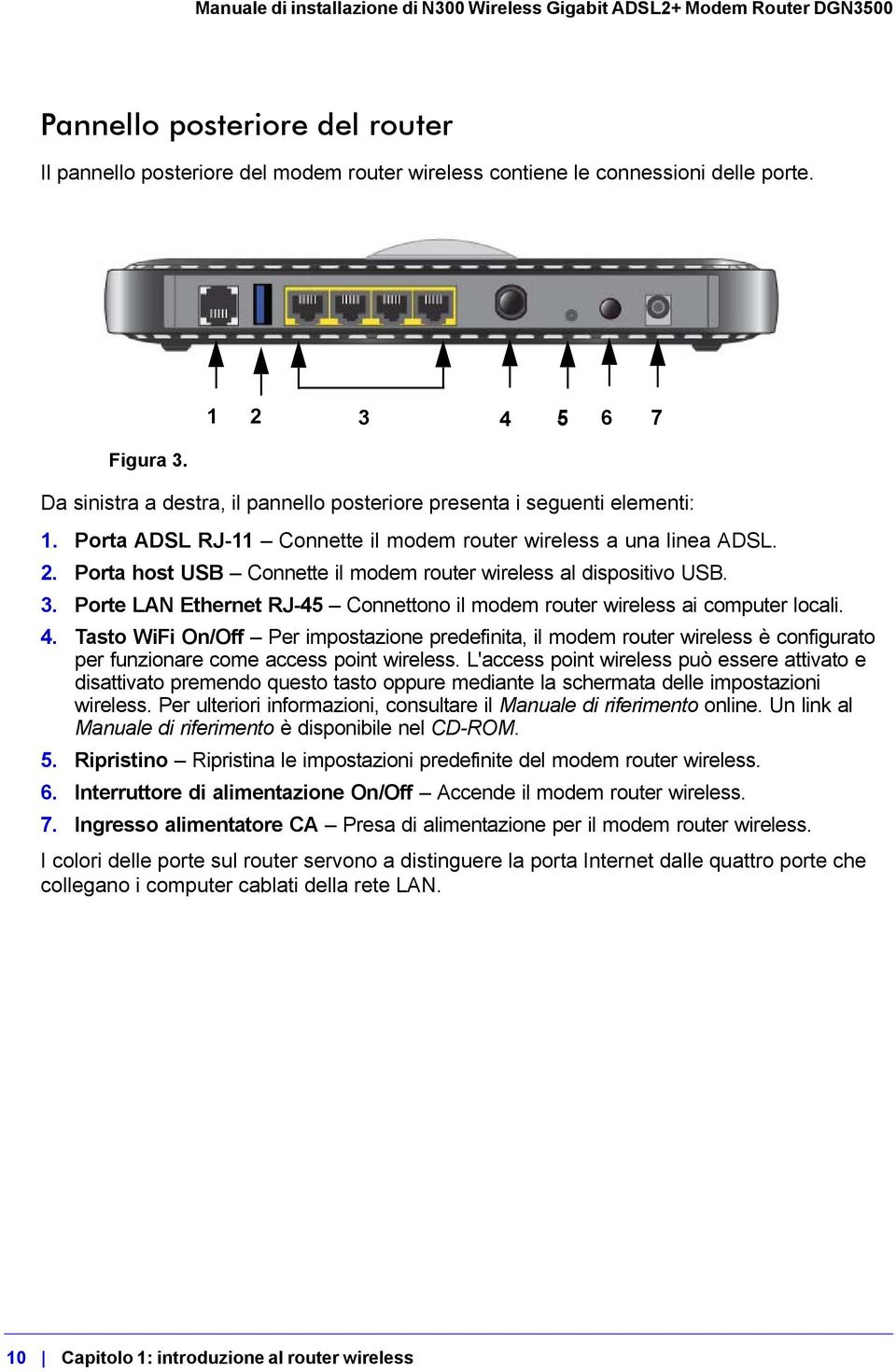 3. Porte LAN Ethernet RJ-45 Connettono il modem router wireless ai computer locali. 4.