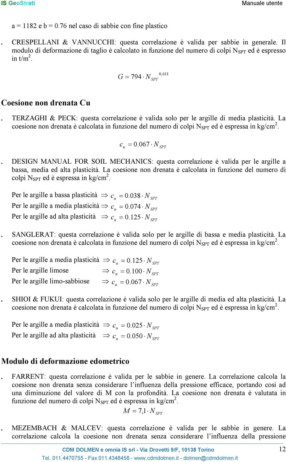 G 0,611 794 SPT Coesione non drenata Cu TERZAGHI & PECK: questa correlazione è valida solo per le argille di media plasticità.