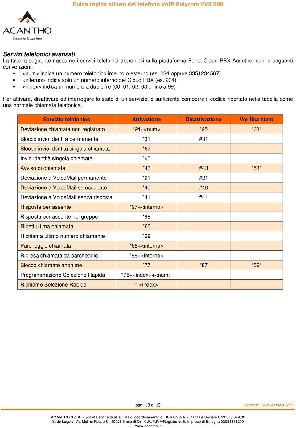 .. fino a 99) Per attivare, disattivare ed interrogare lo stato di un servizio, è sufficiente comporre il codice riportato nella tabella come una normale chiamata telefonica.