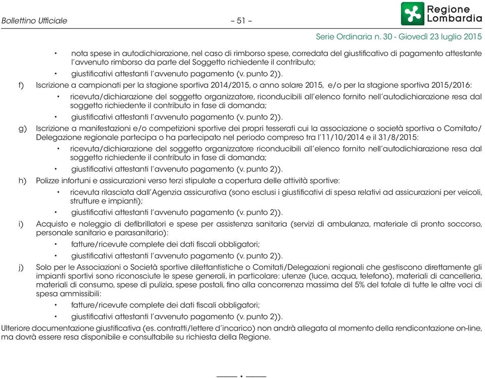 f) Iscrizione a campionati per la stagione sportiva 2014/2015, o anno solare 2015, e/o per la stagione sportiva 2015/2016: ricevuta/dichiarazione del soggetto organizzatore, riconducibili all elenco