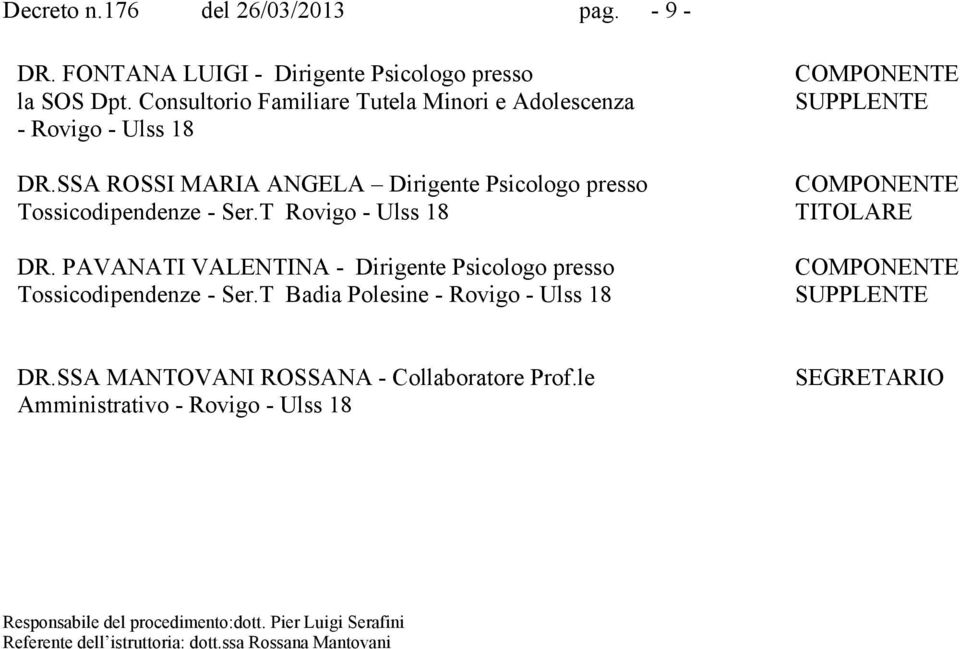T Rovigo - Ulss 18 DR. PAVANATI VALENTINA - Dirigente Psicologo presso Tossicodipendenze - Ser.