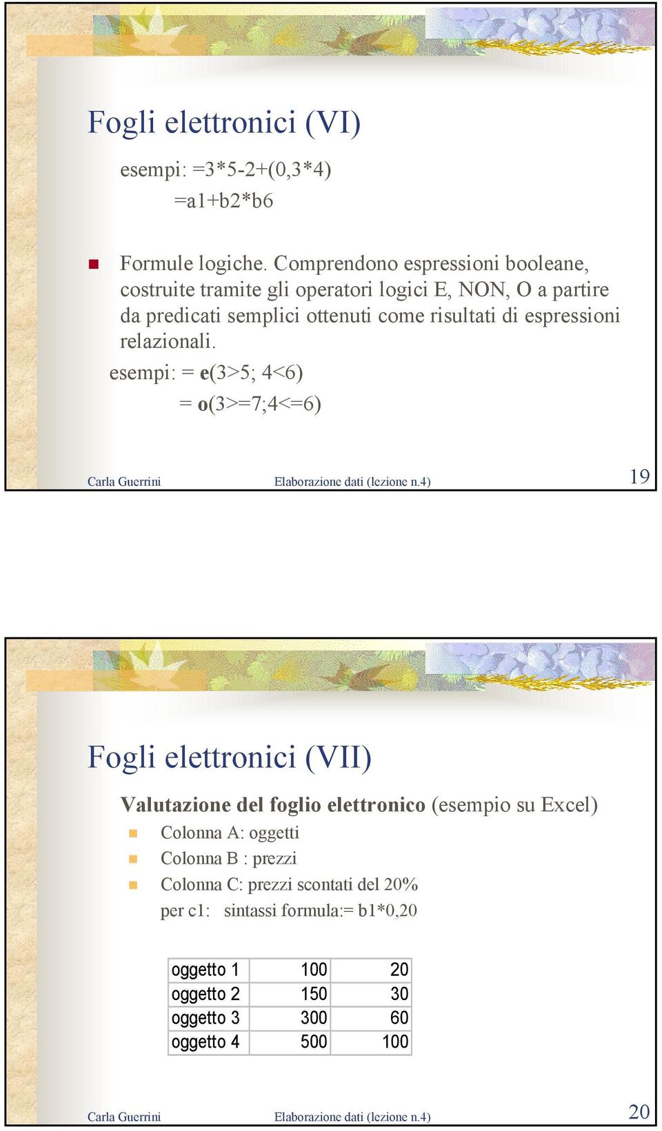 relazionali. esempi: = e(3>5; 4<6) = o(3>=7;4<=6) Carla Guerrini Elaborazione dati (lezione n.