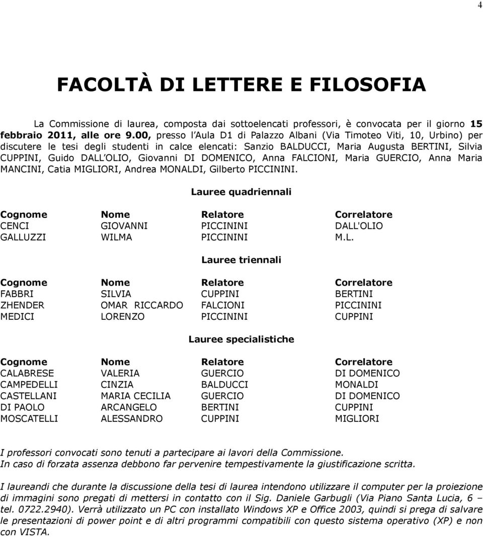 Giovanni DI DOMENICO, Anna FALCIONI, Maria GUERCIO, Anna Maria MANCINI, Catia MIGLIORI, Andrea MONALDI, Gilberto PICCININI.